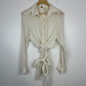 Free People FP ONE Button Down Gauze Wrap Waist Blouse Ivory Size Small